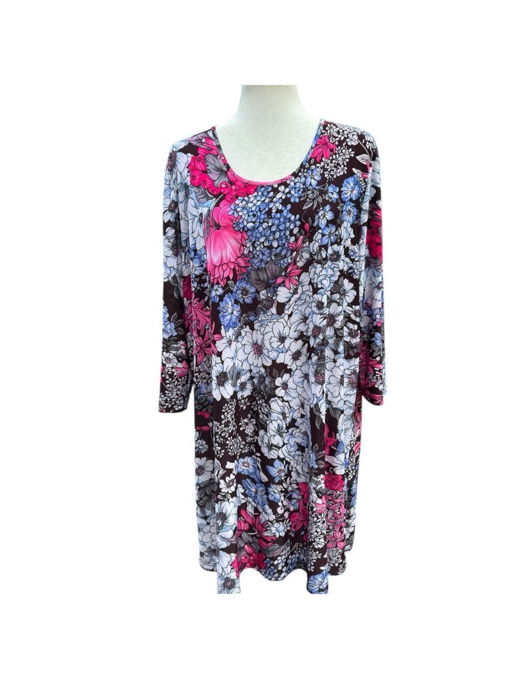 Ulla Popken Floral Tunic Top Dress 16/18 Scoop Neck Pink Blue Stretchy Plus